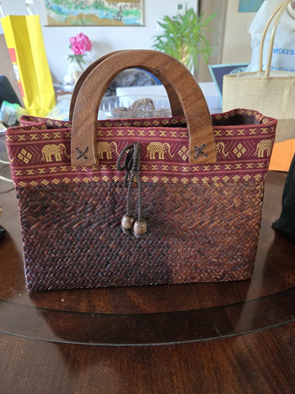 Handwoven Brown and Burgundy Elephant-Trim Tote Bag